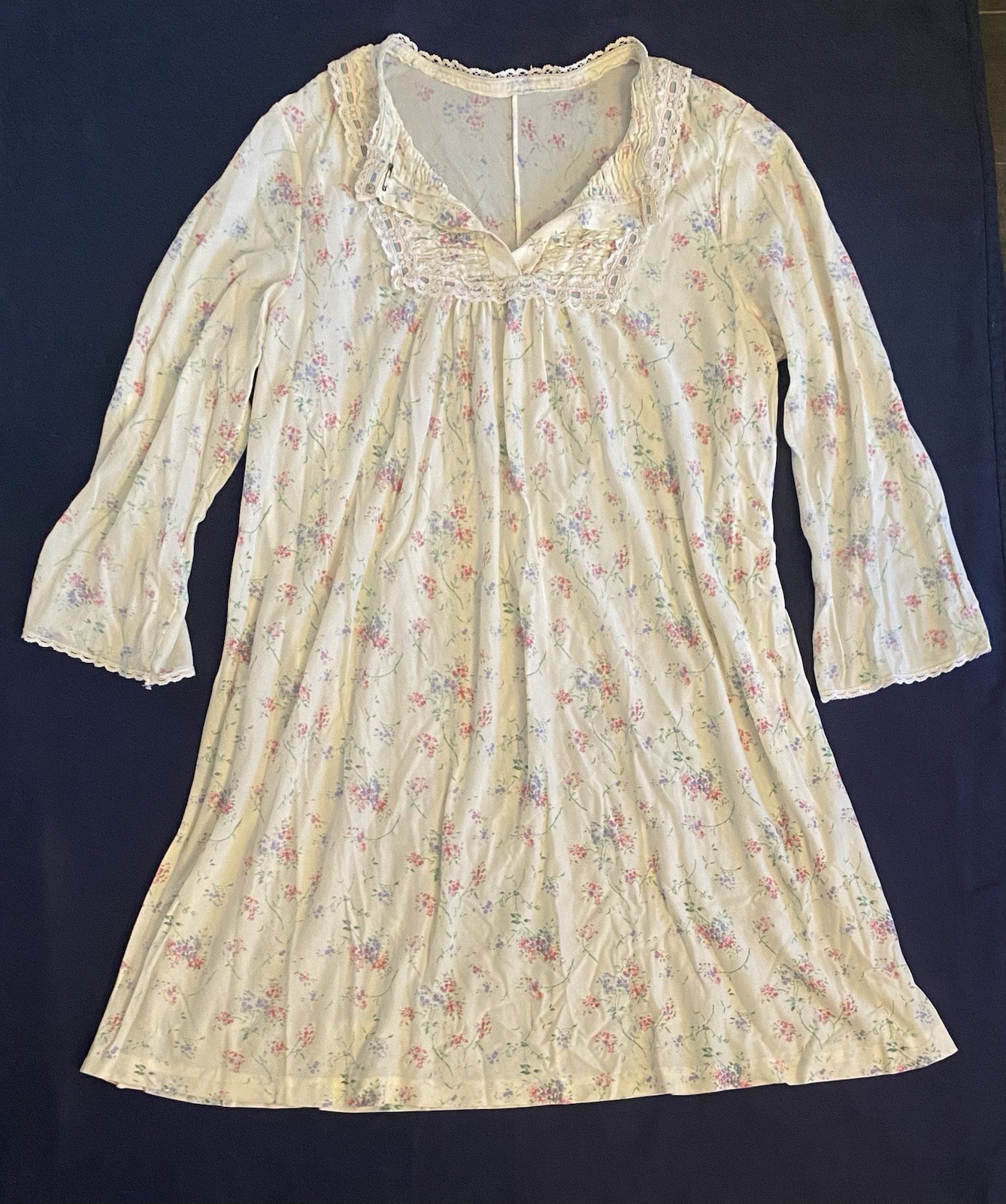 Vintage Miss Elaine Short Floral Nightgown Cotton Lace Long Sleeve Nightie Sz M