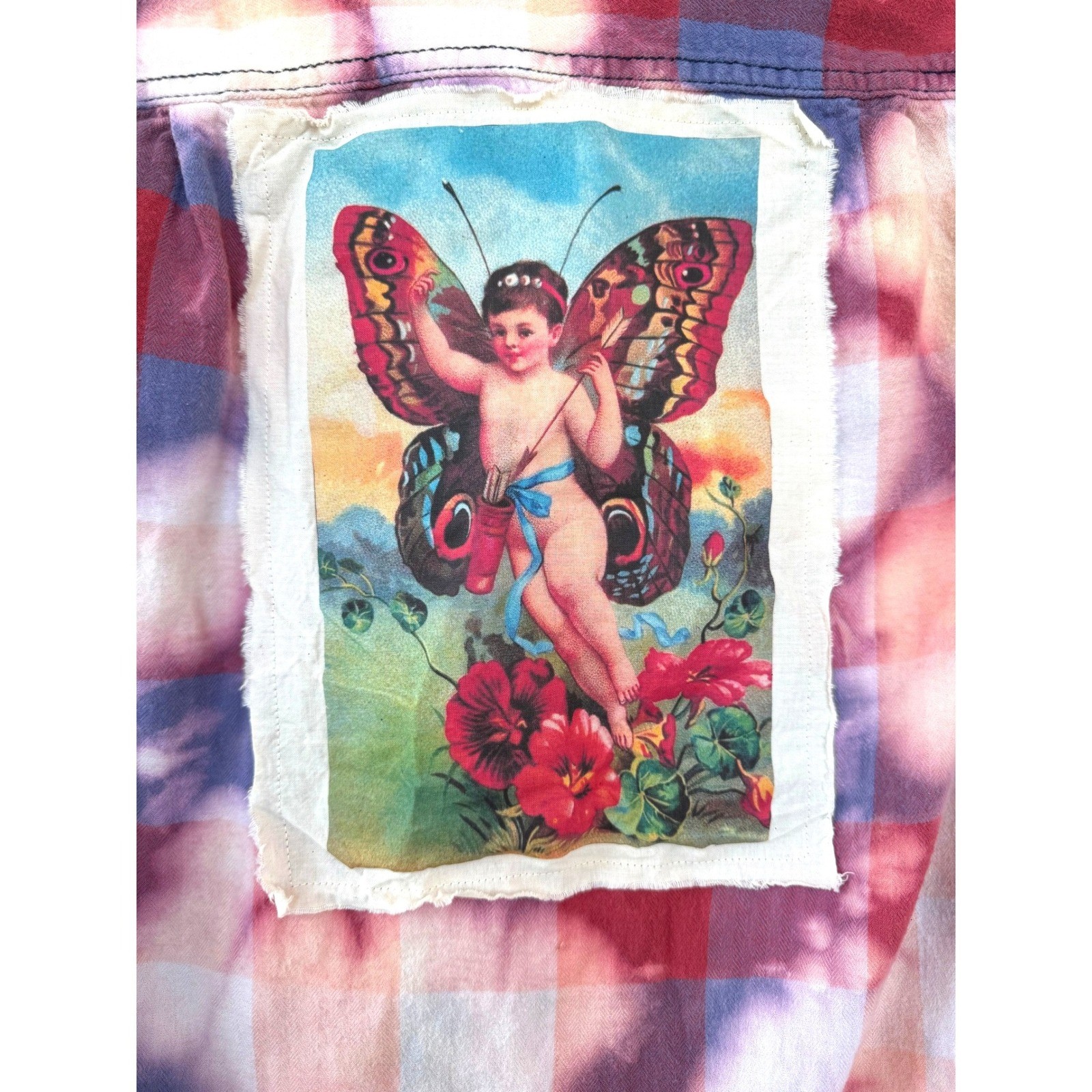 Upcycled Flannel Butterfly Cherub Patch Shirt Boho Folk Art Small