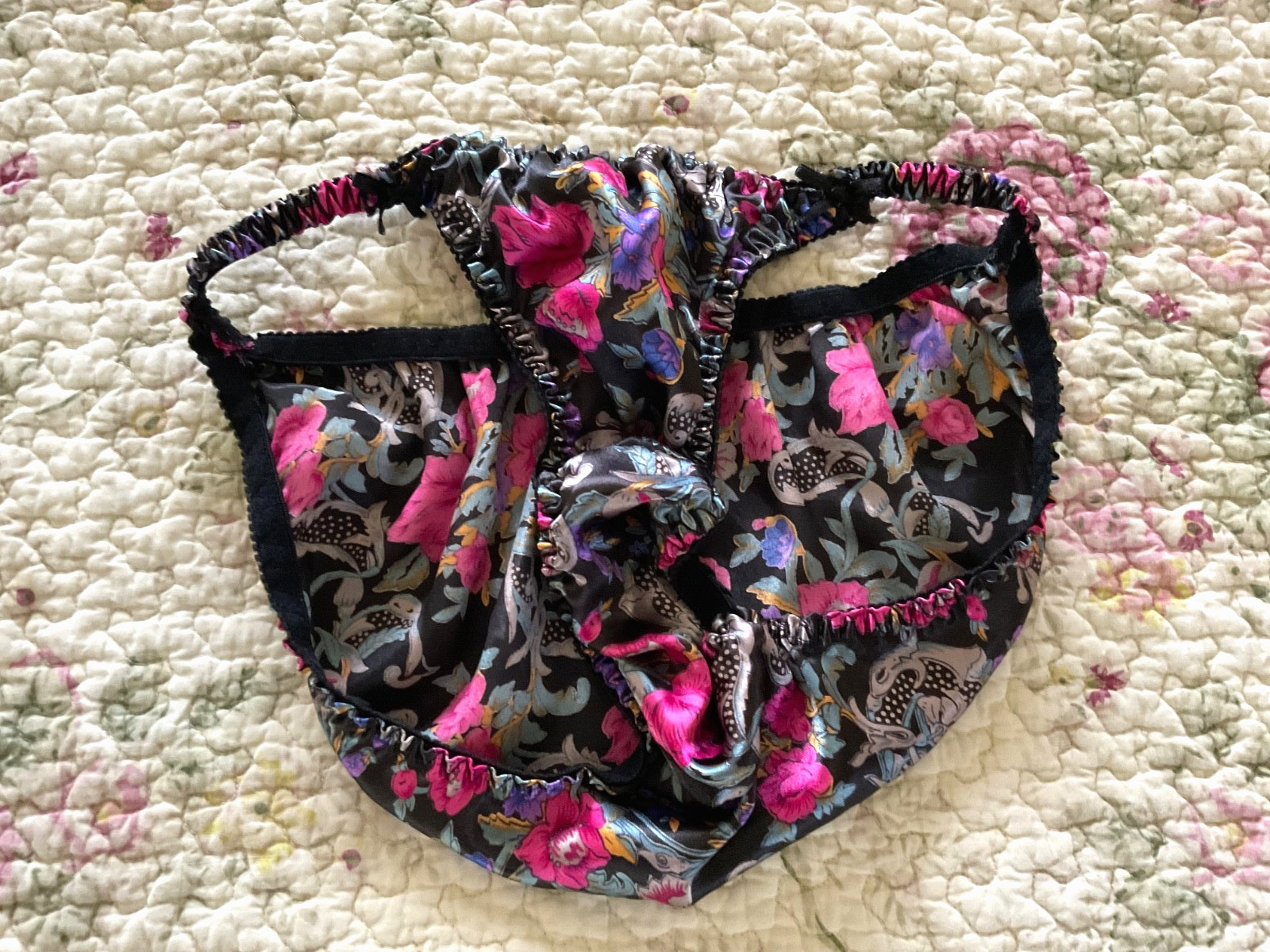 Shiny Vintage PANTIES Rose SATIN String Bikini BRIEF Silky BOW Floral Print S/5