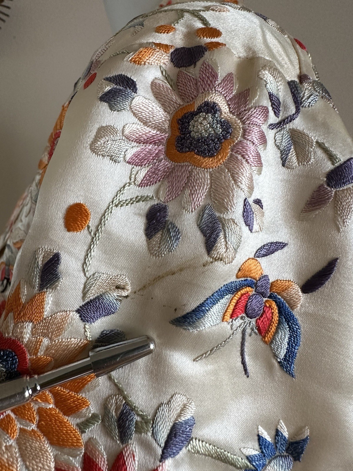 1920s 30s Silk Embroidered Export Piano Shawl Jacket Moth Floral Peking Knot VTG