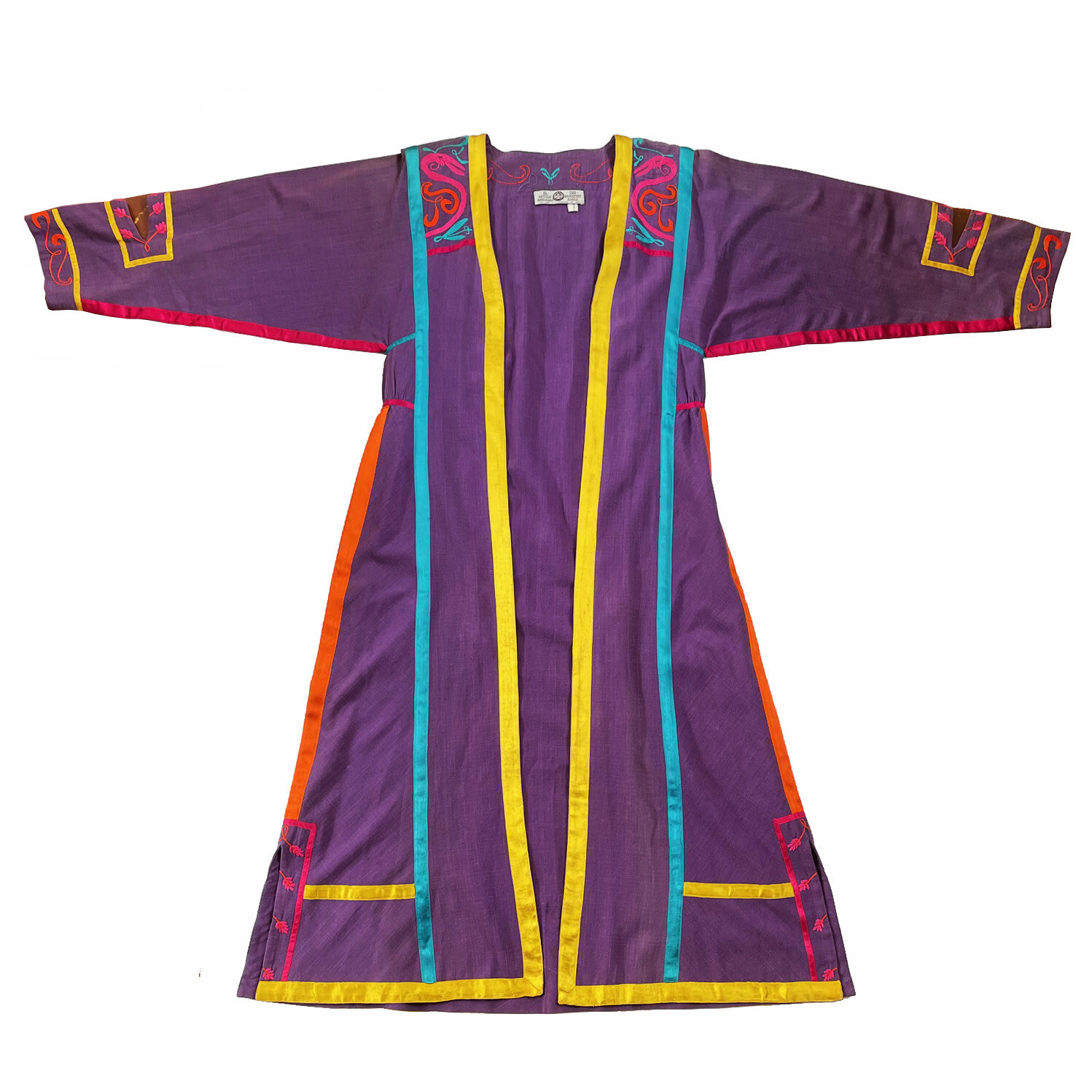 JOSEFA Caftan Duster Robe Purple Embroidered Cotton Mexican Vintage Size S
