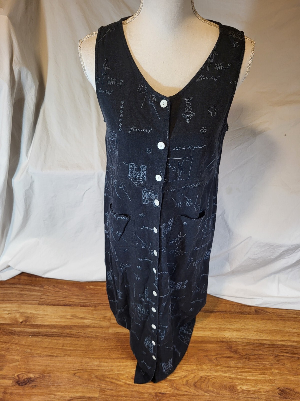 Vintage ERIKA Collection Linen Blend Dress Women PS Navy Blue Lightweight 80s