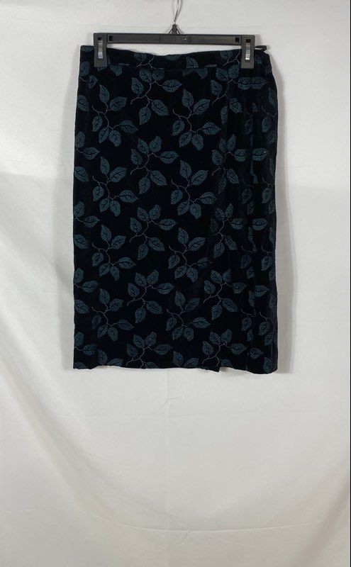 Vintage 90s Escada Couture Women&rsquo;s Black Teal Leaf Embroidered Velvet Skirt 40