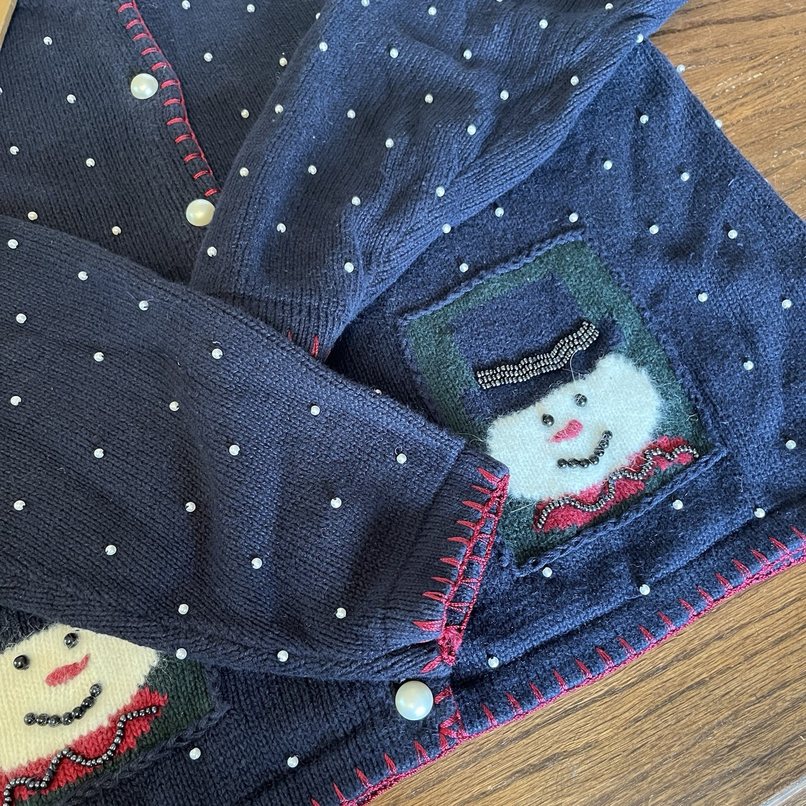VTG Christopher & Banks Christmas Hand Embroidered Snowman Beaded Cardigan L
