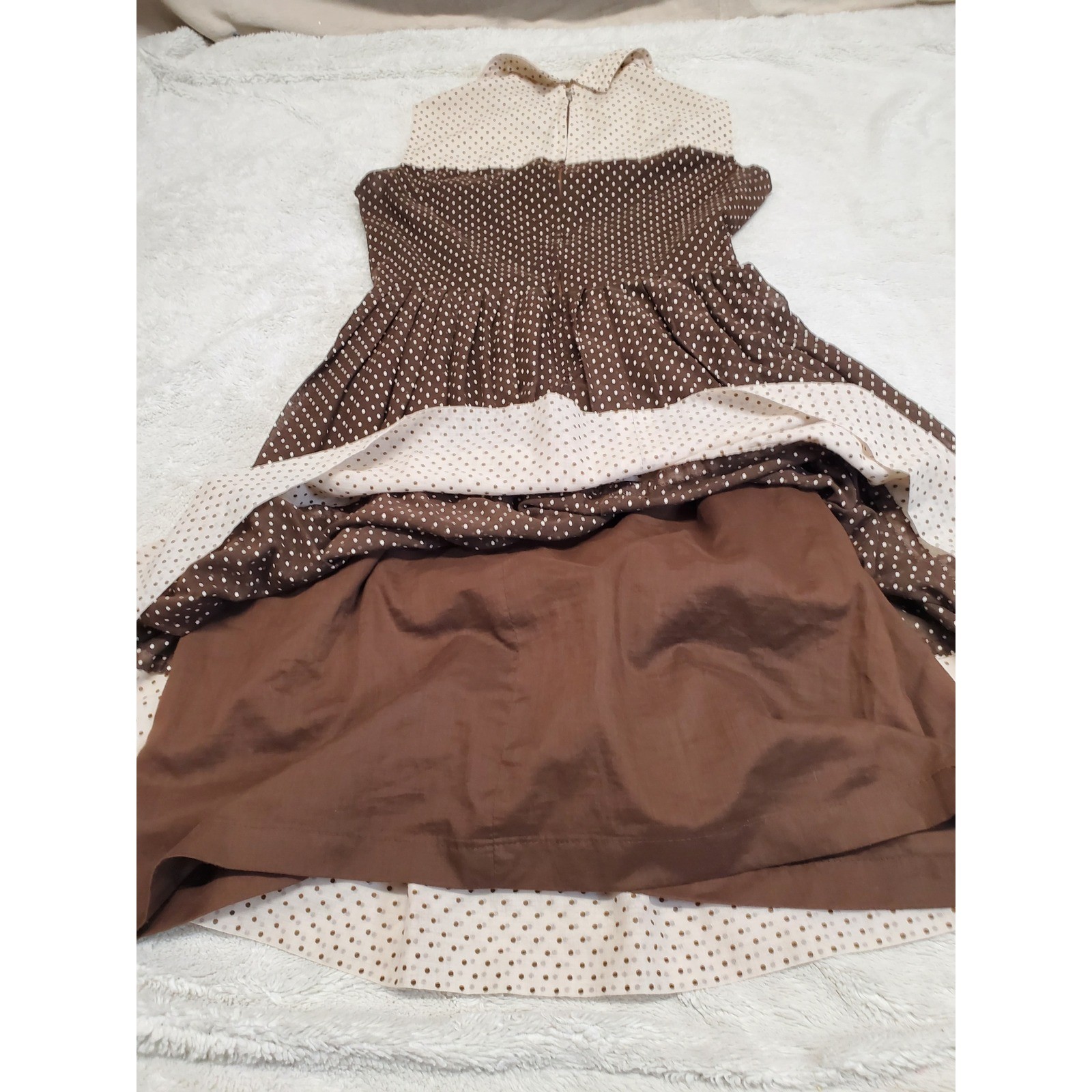 Vintage Adele Marcin Brown Cream Polka Dot Midi Dress XS Boho Chic Retro Cottage