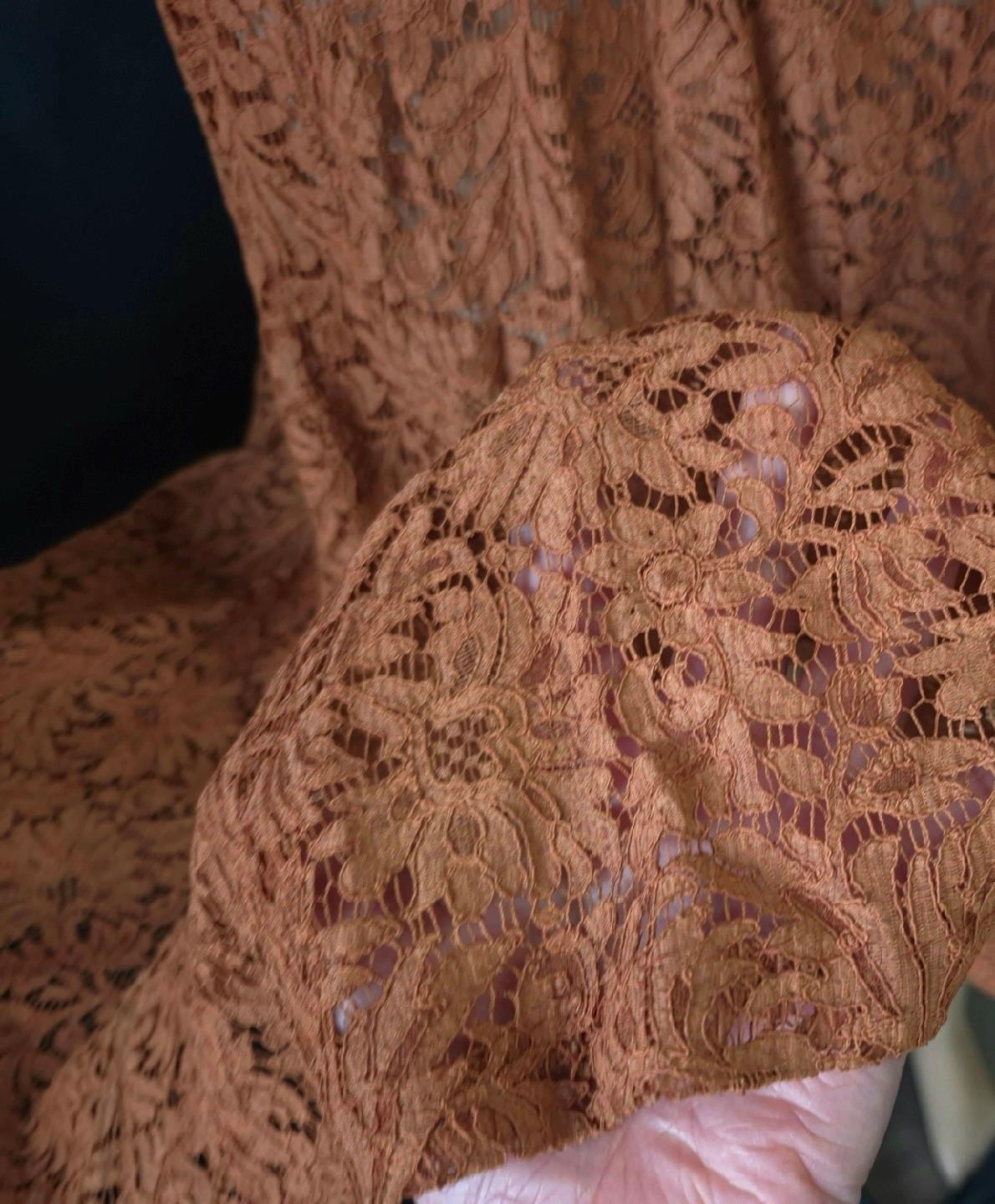 POST WAR 1940s 50s Vintage Sheer COPPER BROWN LACE A-line PARTY DRESS – S