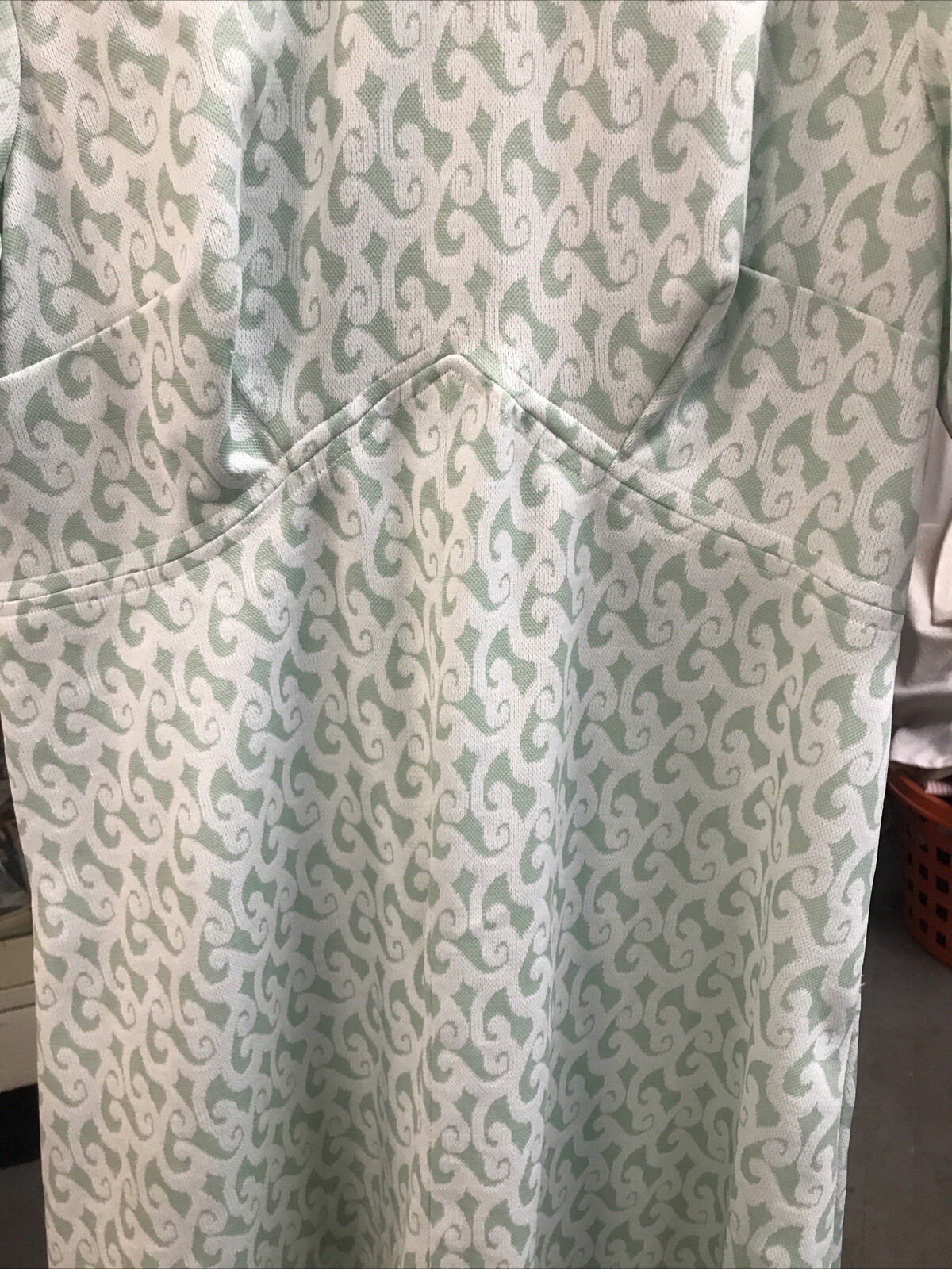 Vintage 70s Shift Dress Double Knit Poly Handmade Green White Geometric Sz M