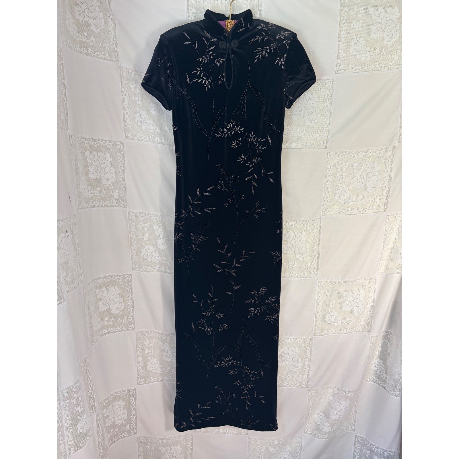 VTG Black Velvet Metallic Threaded Floral Maxi Cheongsam Dress Size S-M