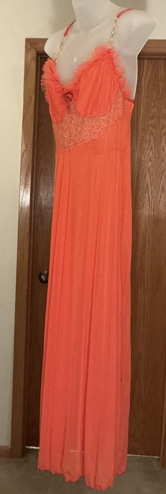 Full Sweep Orange Citron See-Through Lace FULL SHEER Chiffon Nightgown Gown L
