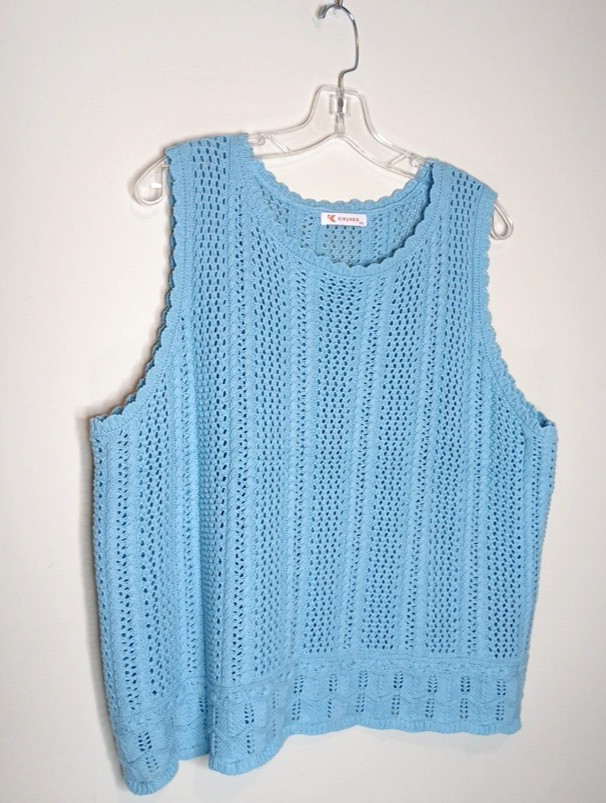 Kirundo Light Blue Crochet Knit Sleeveless Sweater Tank Top Women Plus Size XXL