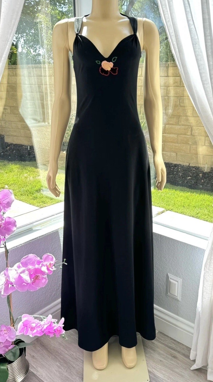 Vintage Black Sleeveless Maxi Dress Size 11/12 Sheath Embroidered ILGWU