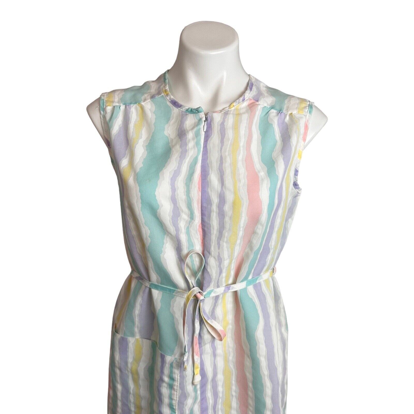 Smart Time House Coat Day Dress Multicolor Striped Half Zip Front Belt Vtg Sz S
