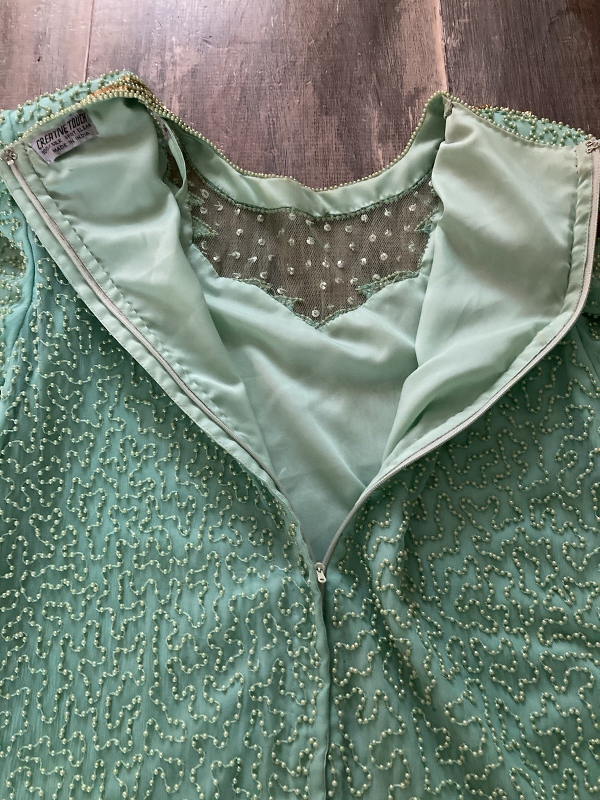 Vintage Silk Beaded Top Large Creative Touch Made In India Green And Copper