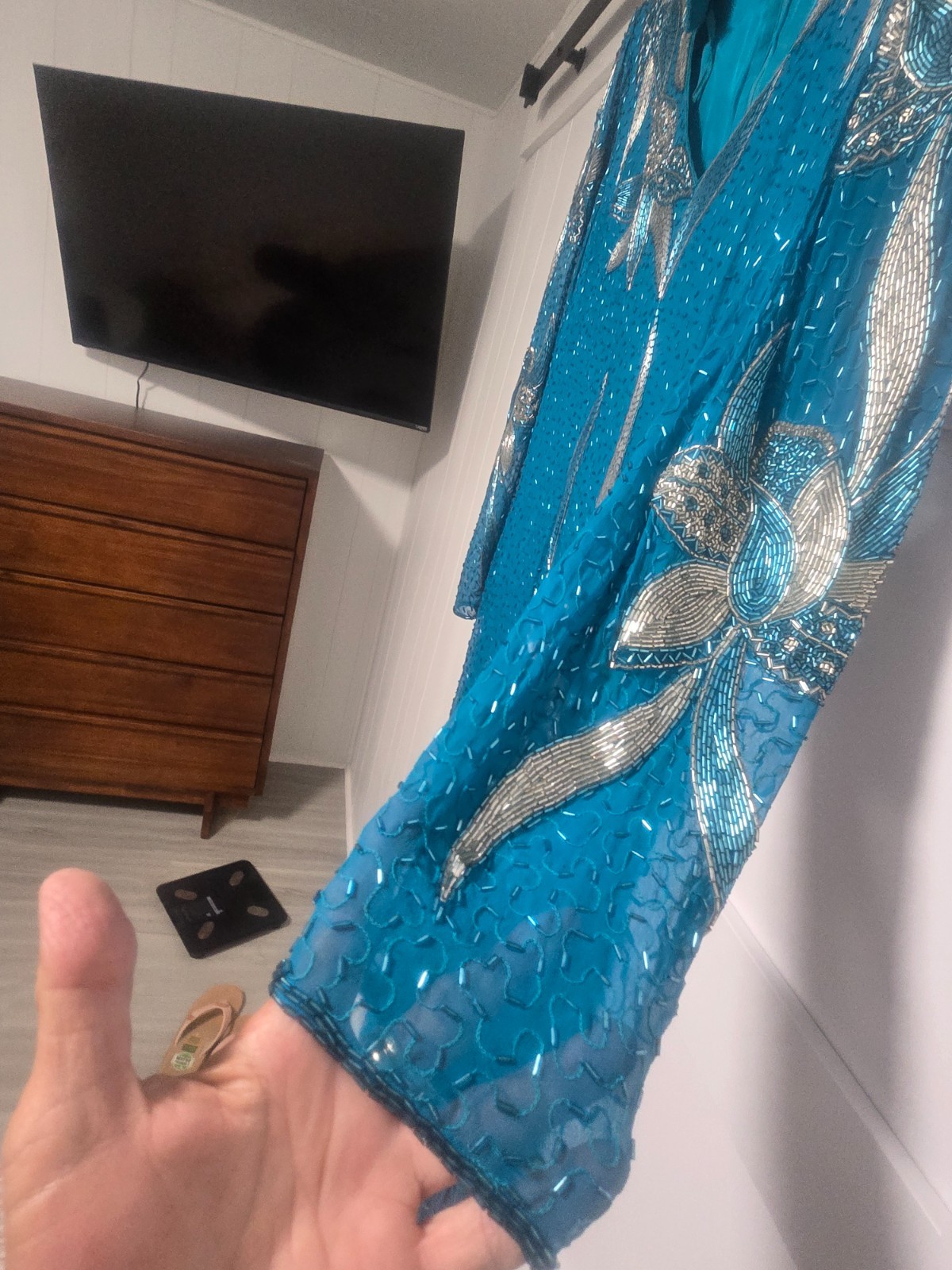 Vintage VINNIE Long Green, Teal, Silk Beaded Dress size XL