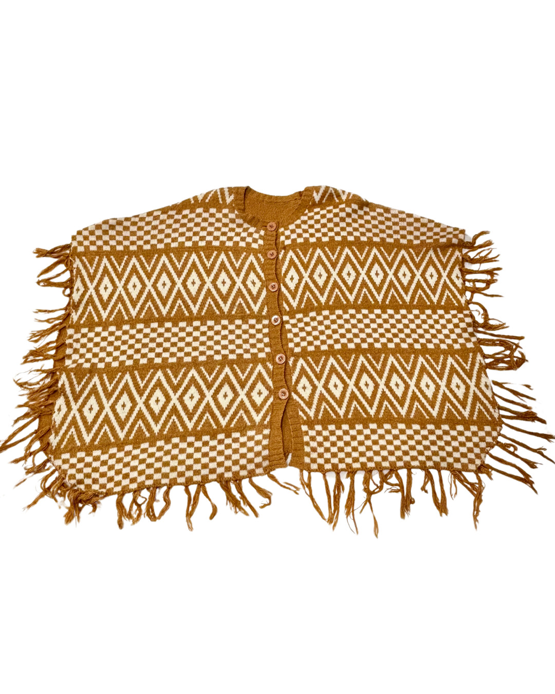 1970s CAMEL CHECKERED & CHEVRON FRINGE PONCHO | WOMEN&rsquo;S CAPPUCCINO PONCHO