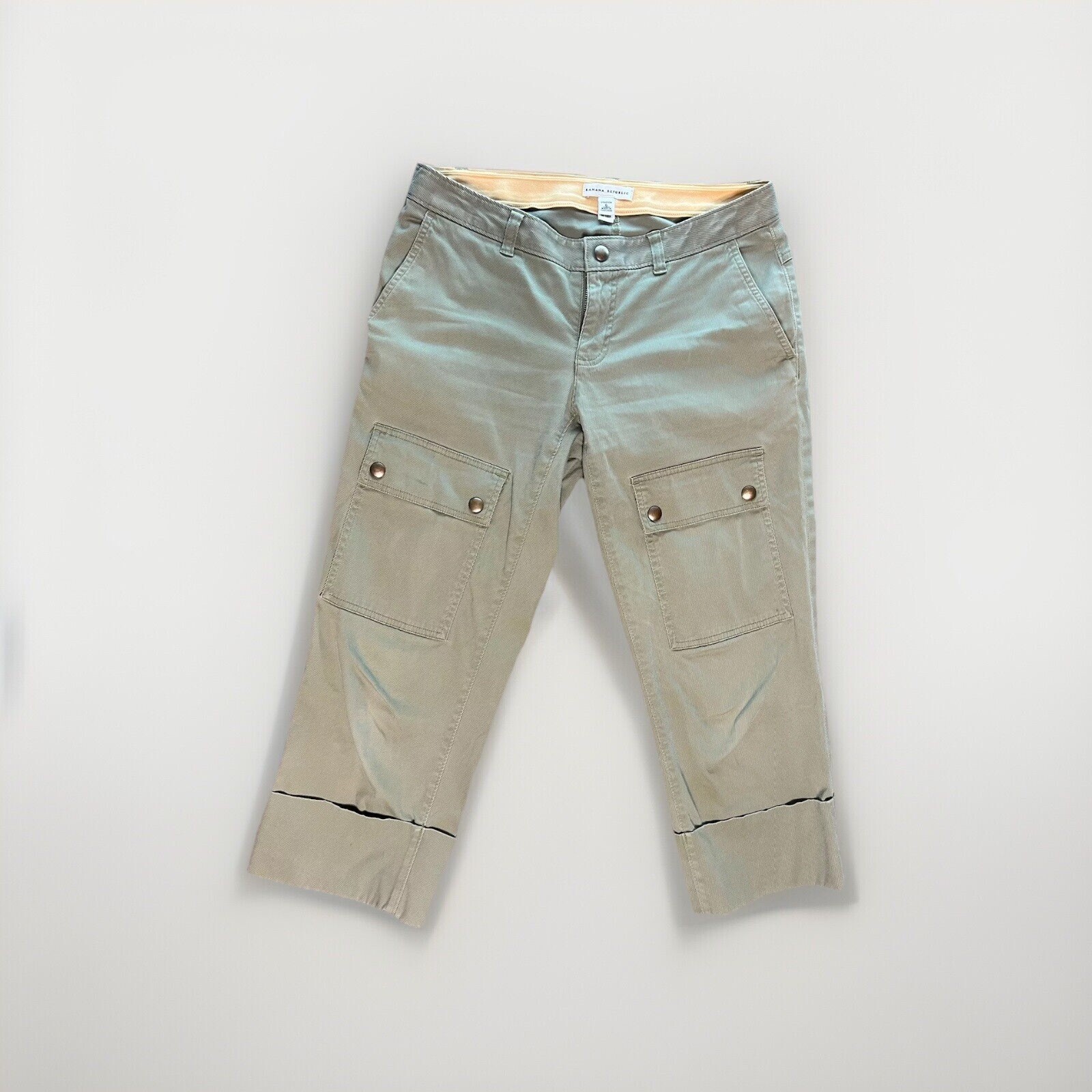 BANANA REPUBLIC Olive Green Capri Cropped Jeans Pants Stretch Large Cuffed Cargo