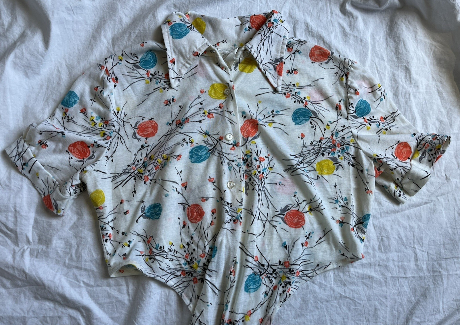 Vintage 70s Floral Crop Tie Blouse Summer Prairie Blooms Hippie Boho Cottage S/M