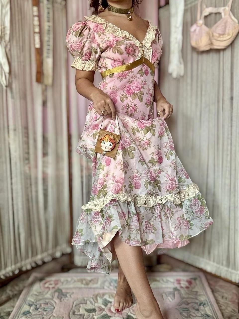 Vintage 60s/70s Romantic Revival Pink Floral Gown with Lace Trim, Size S-M