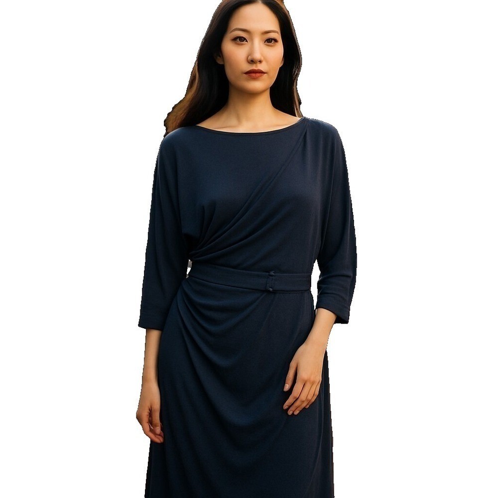 Lewis Henry Black Draped Midi Dress 3/4 Sleeve Boat Neck Button Waist Size 16