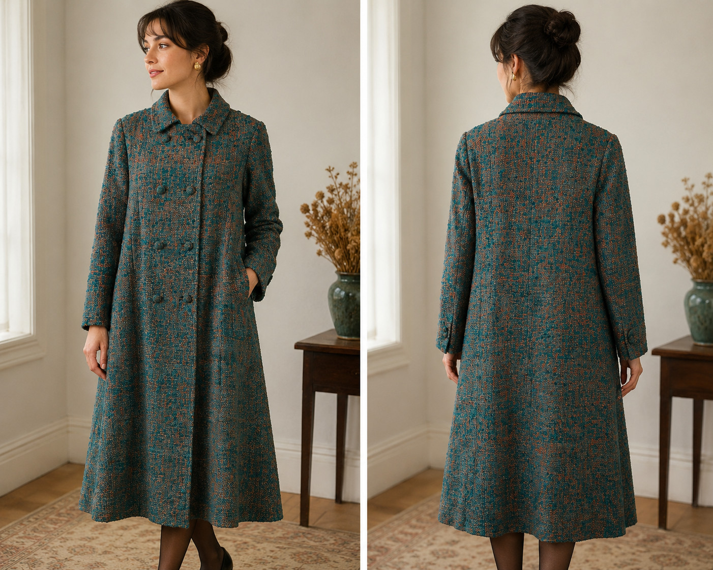 Raw Silk Coat Vtg 60s Teal Copper Quilted Panel Lining Hong Kong Herald Tang