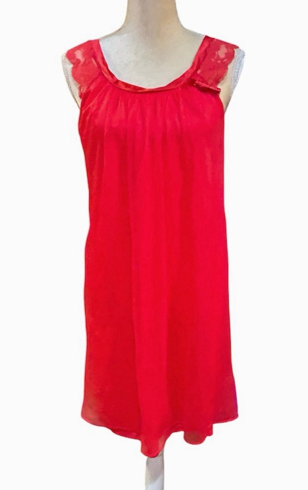 Vtg Lorraine Chiffon Babydoll Nightgown Nylon Lingerie Red Womens M FLAWS READ