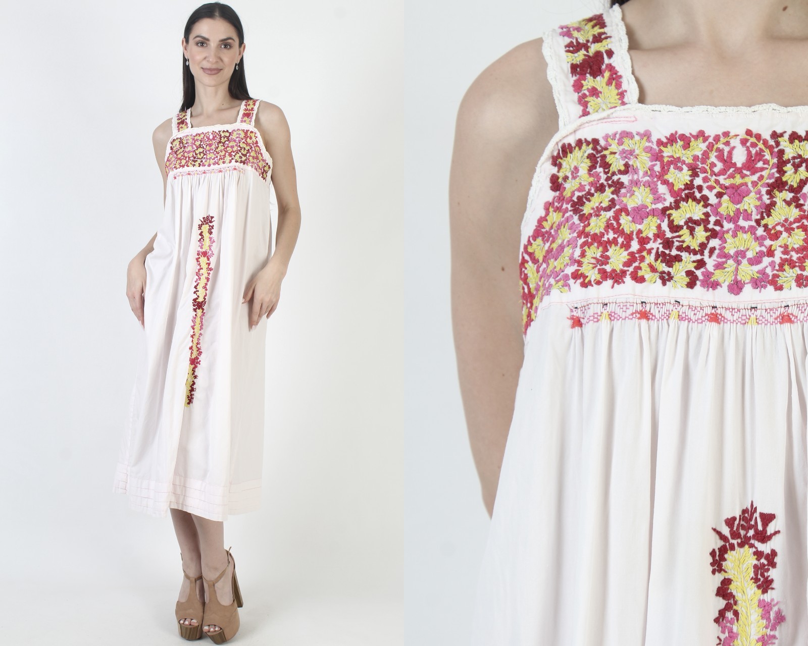 Womens Light Pink Cotton Oaxacan Dress Embroidered Puebla Mexican Beach Kaftan