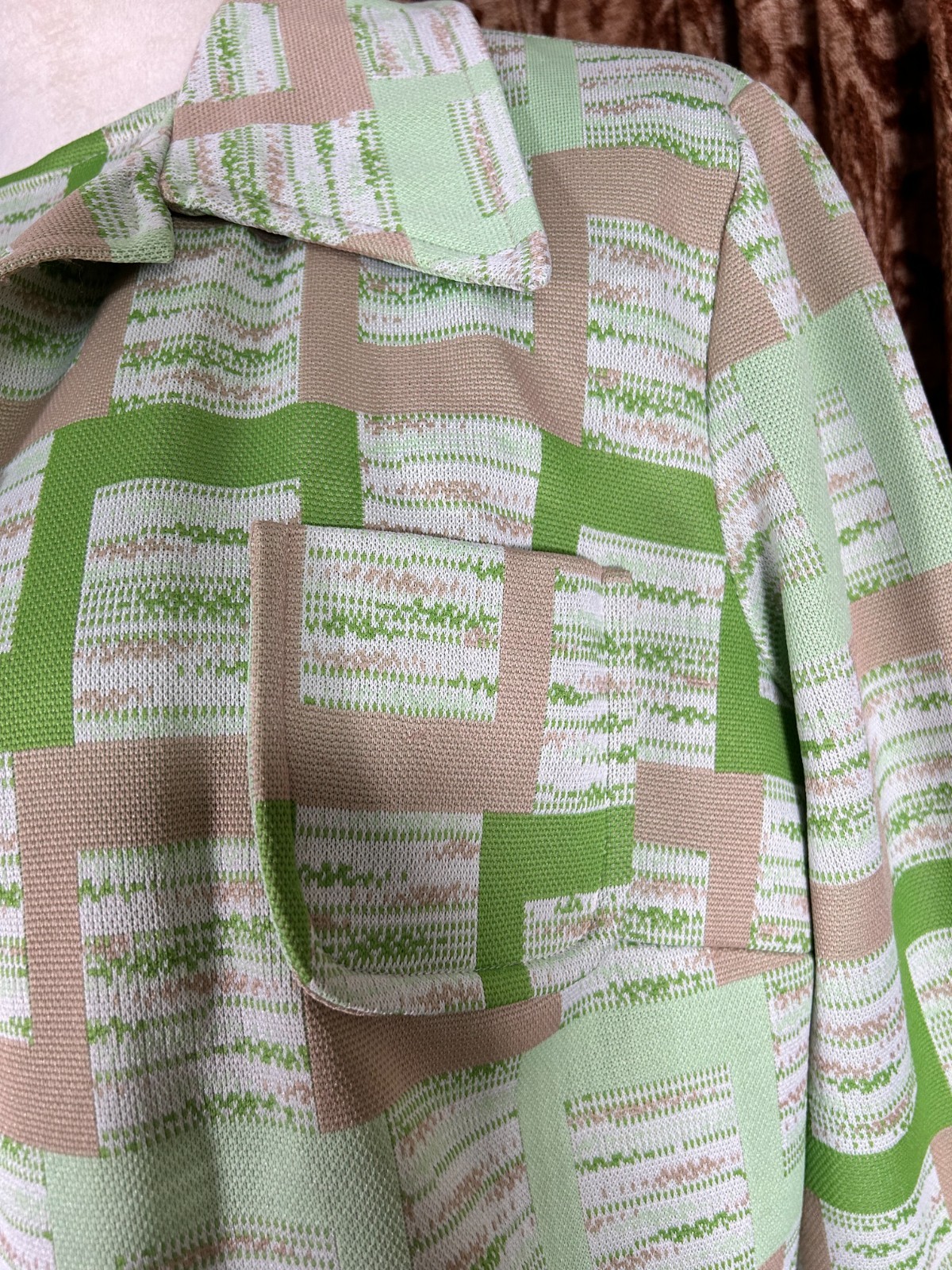 Vtg 70s Handmade Geometric Matching 2-Pc Knit Dress Jacket Dagger Secretary Suit