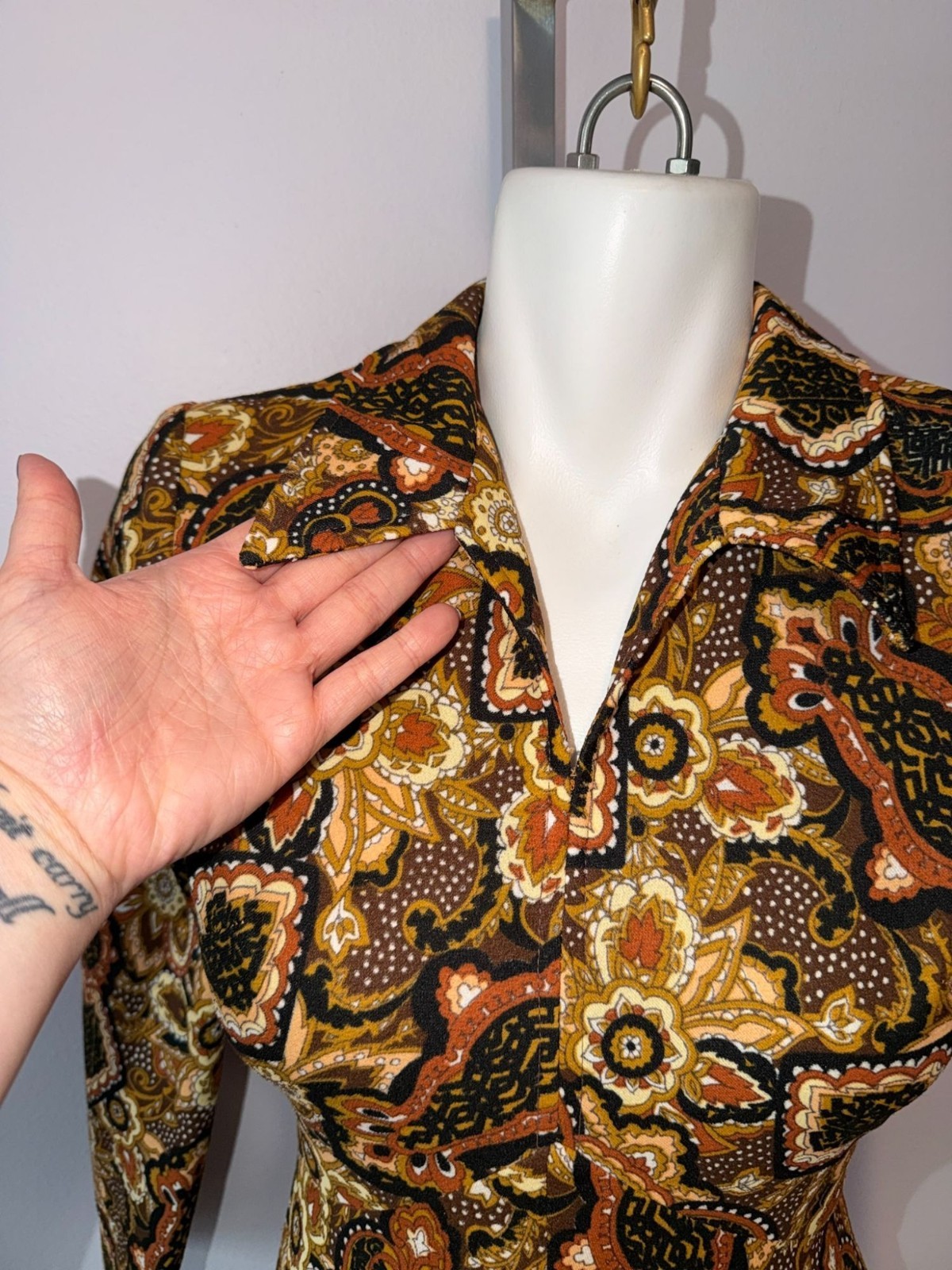 Vintage 70s Boho Psychedelic Paisley Floral Maxi Dress Earth Tones Medium Hippie