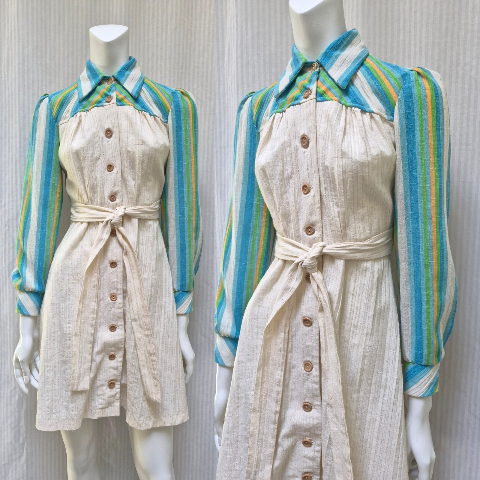 Vintage 1960/70s Blue Stripe Button Front Shirt Dress – Size S