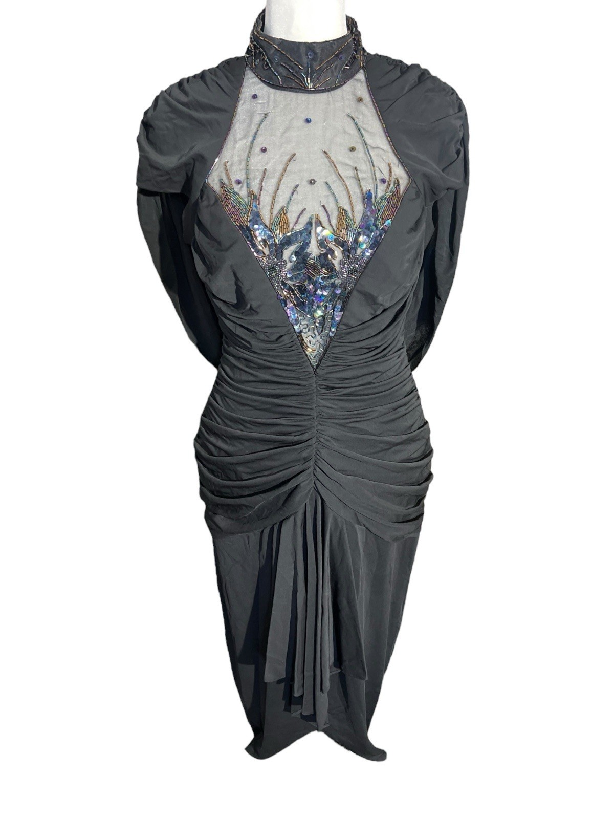 Vtg Casadei Black Beaded Runched Dress Plunging Neckline Sz 8