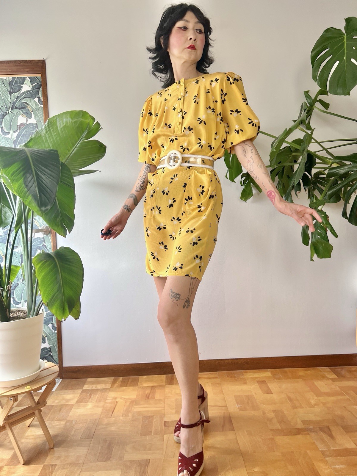 Vintage 80s Ungaro Solo Donna Italy Silk Puff Sleeve Mini Dress Yellow XS-M