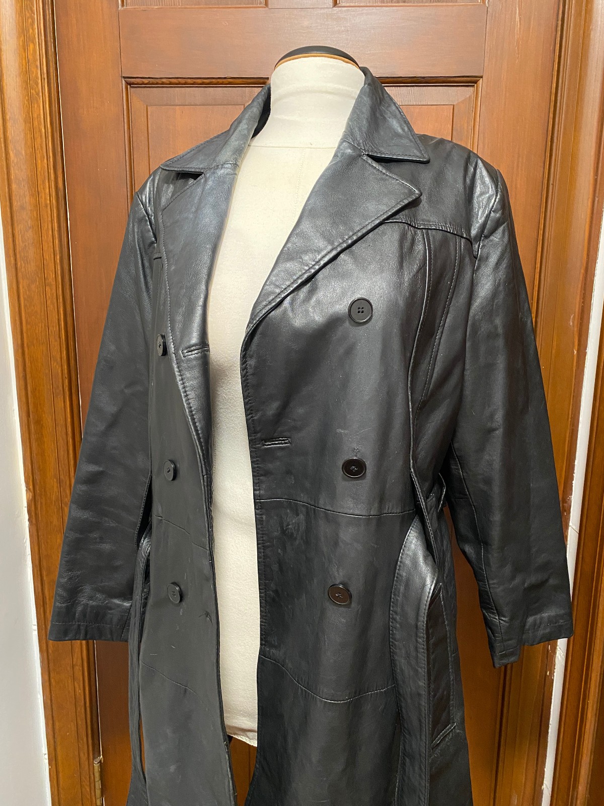 VTG Excelled Black Knee Length Leather Jacket Belted Coat XL Soft Lightweight