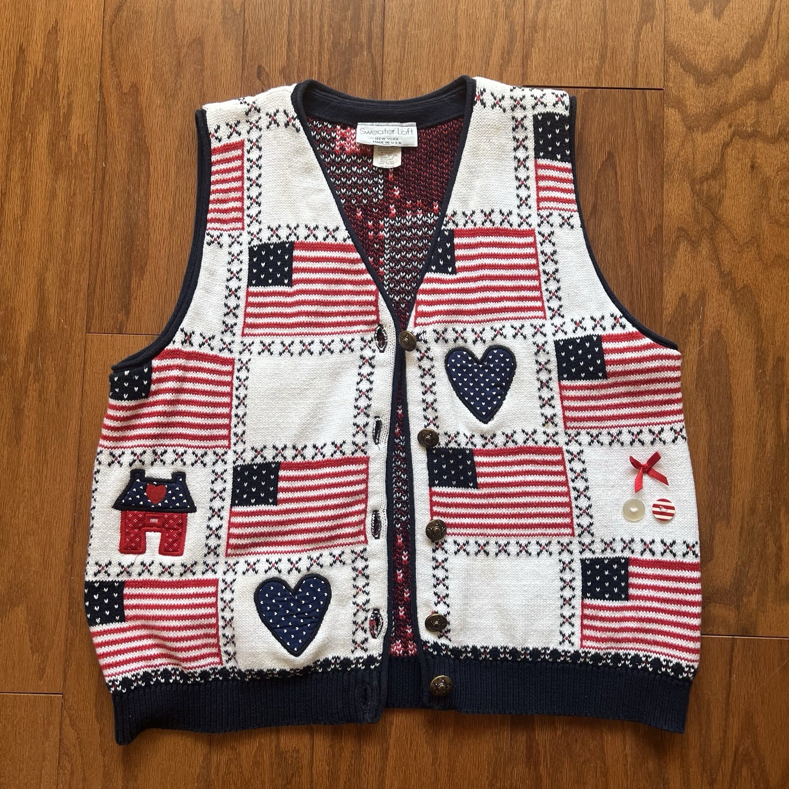 Loft Sweater Vest USA Flag Patchwork Medium Cottagecore Grandmacore Vintage