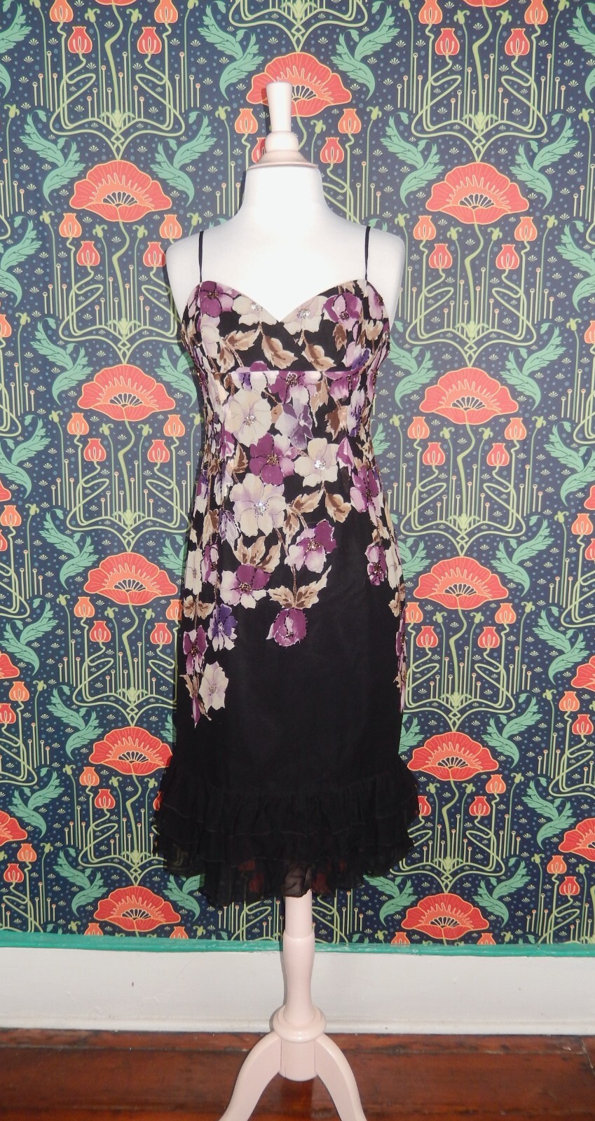 Vintage 90&rsquo;s Y2K Black Purple Floral Beaded Silk Feminine Cocktail Dress 8