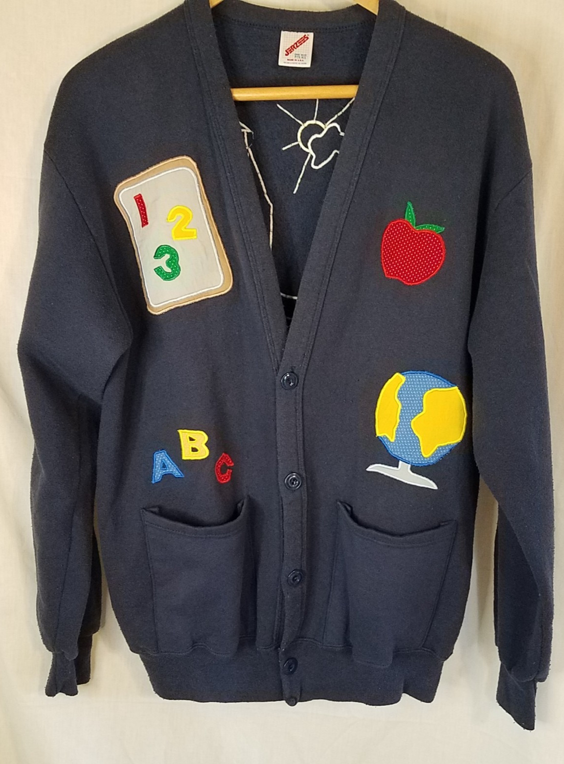 Vtg School Teacher Embroidered Cardigan Sweater One Size ABC&rsquo;s 123&rsquo;s Jerzees USA