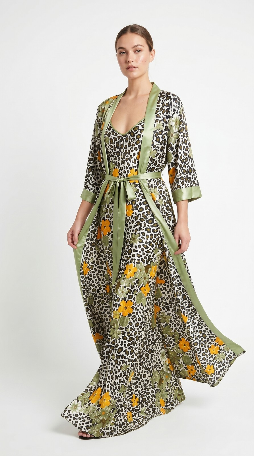 Luxury 2-Piece Satin Nightgown & Short Robe Set Size M | Animal Print Floral