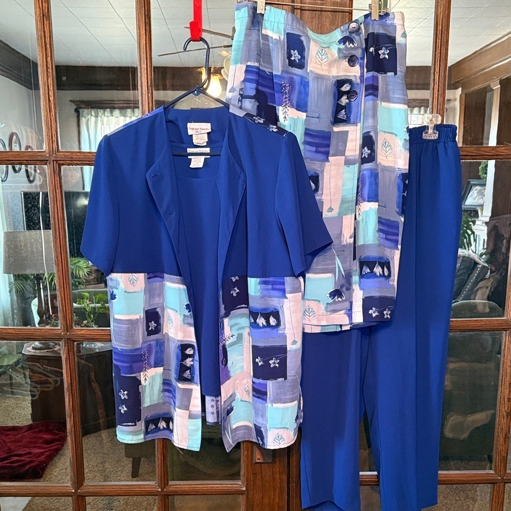 Stephanie Thomas Sport Vintage 3 Piece Set Blue Abstract Jacket Skirt Pant 14 16