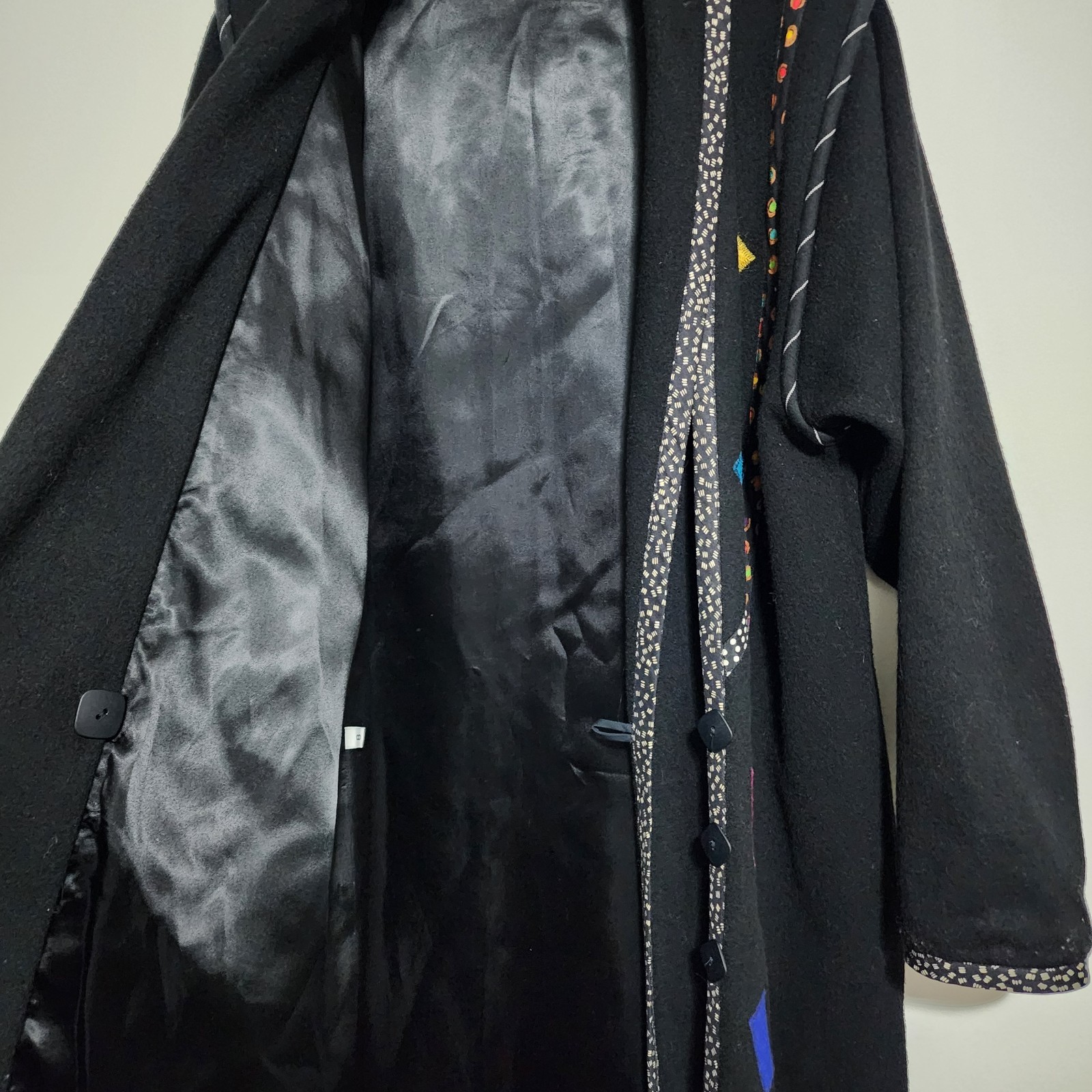 Vintage LYNN MURRAY Wearable Art Wool Coat Long Black Applique Geometric 80s 90s