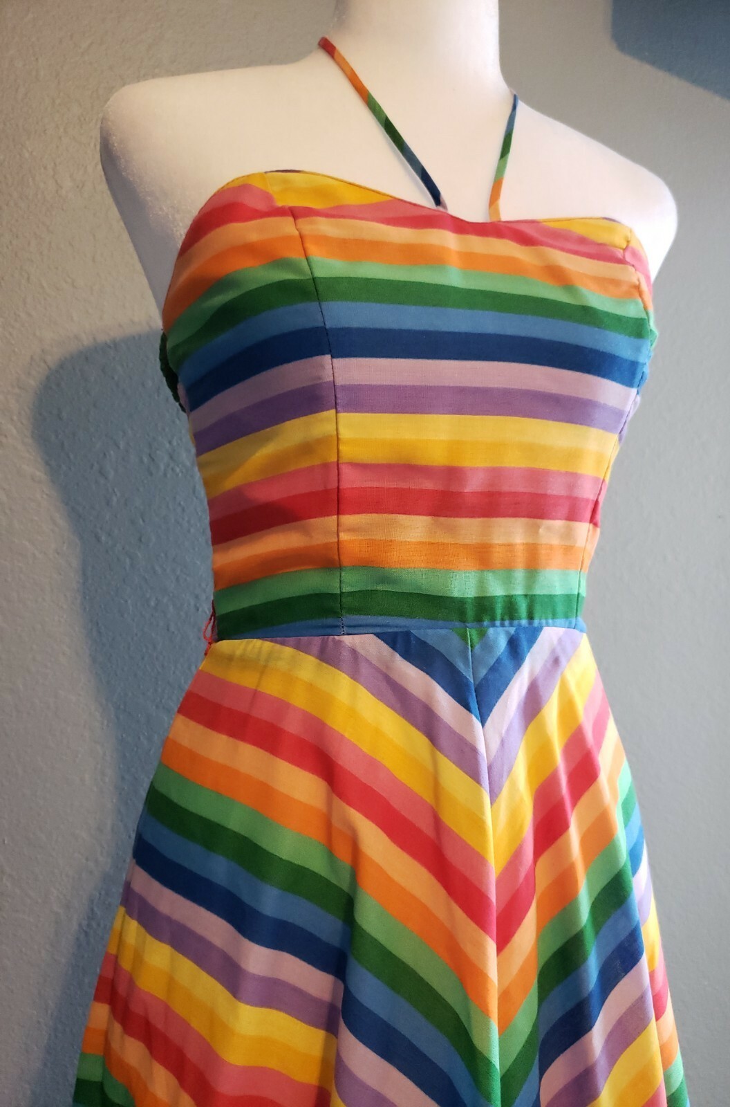 Vtg 60&rsquo;s Rainbow Chevron Stripe Mod Hippy Pride Sun Day Dress 3 XS S