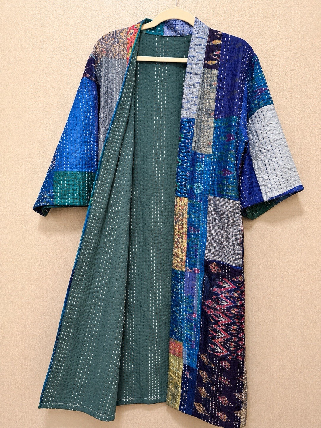 Vintage Silk Kantha Patchwork Robe Handmade Quilted Kimono Belted One Size