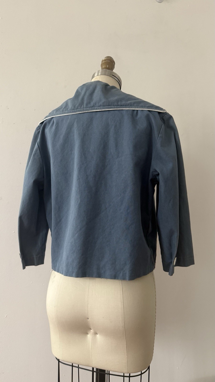 1950s Sailor Collar Cropped Jacket Dusty Blue Rayon Faille Nautical Sportswear