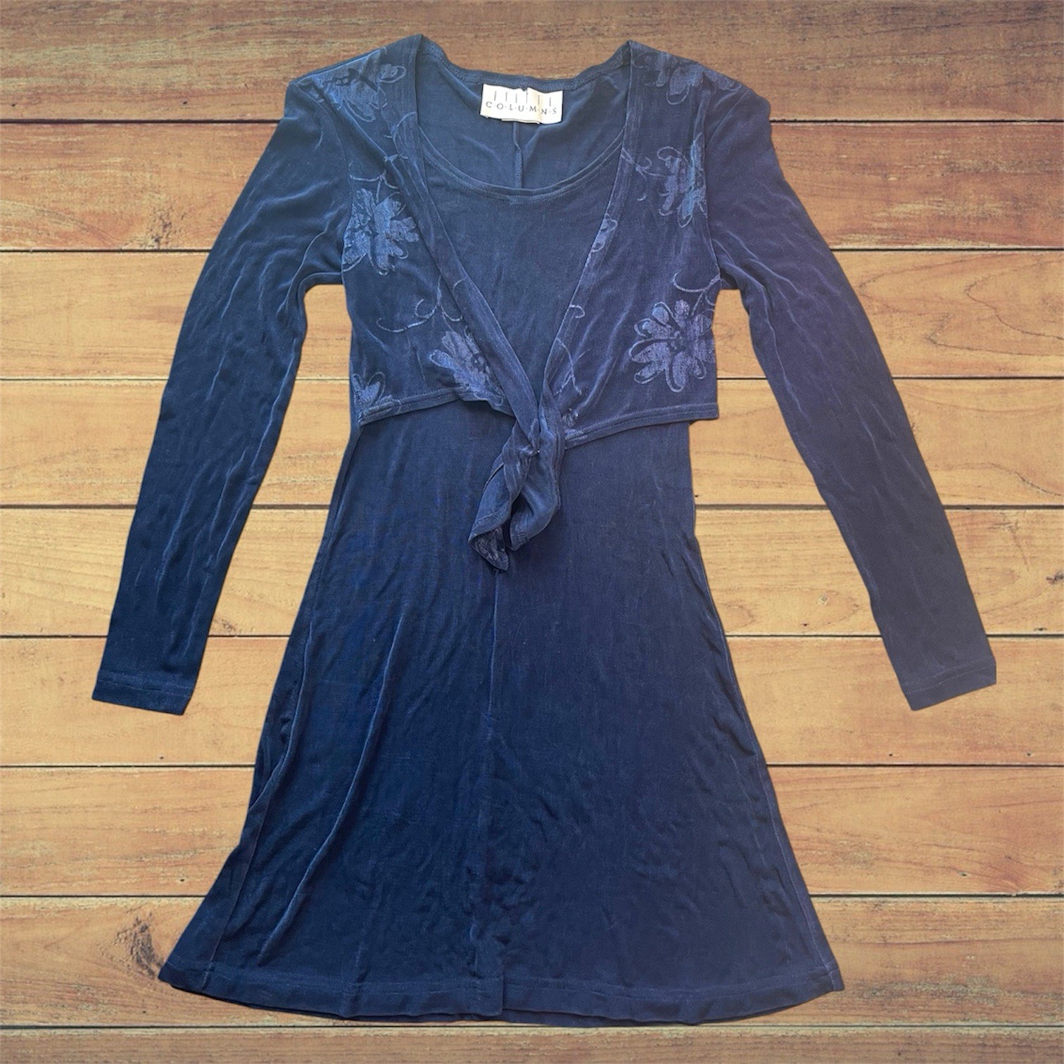 Vintage 90s Navy Blue Floral Long Sleeve Dress Grunge Knee Length Medium