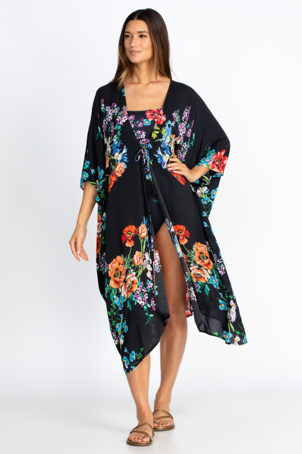 Jonny Was Flowers Arch Midi Kimono Rayon Floral Black Swim Suit Dress S/M NEW