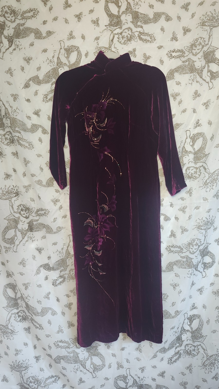 Vintage Velvet Cheongsam Vietnamese Dress Tunic Hand Painted Floral Glitter
