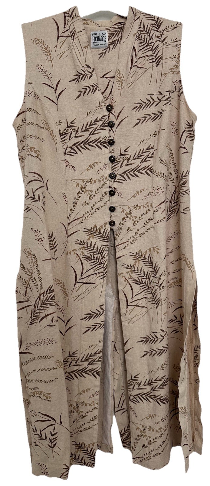 Vintage R&M Richards Karen Kwong Beige Floral Leaf Print Duster Vest Woman&rsquo;s L