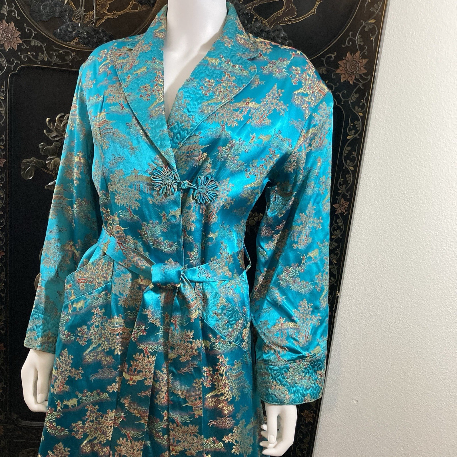 Vintage Blue Brocade Asian Robe, M. M. Comfort Wear, Made In Hong Kong