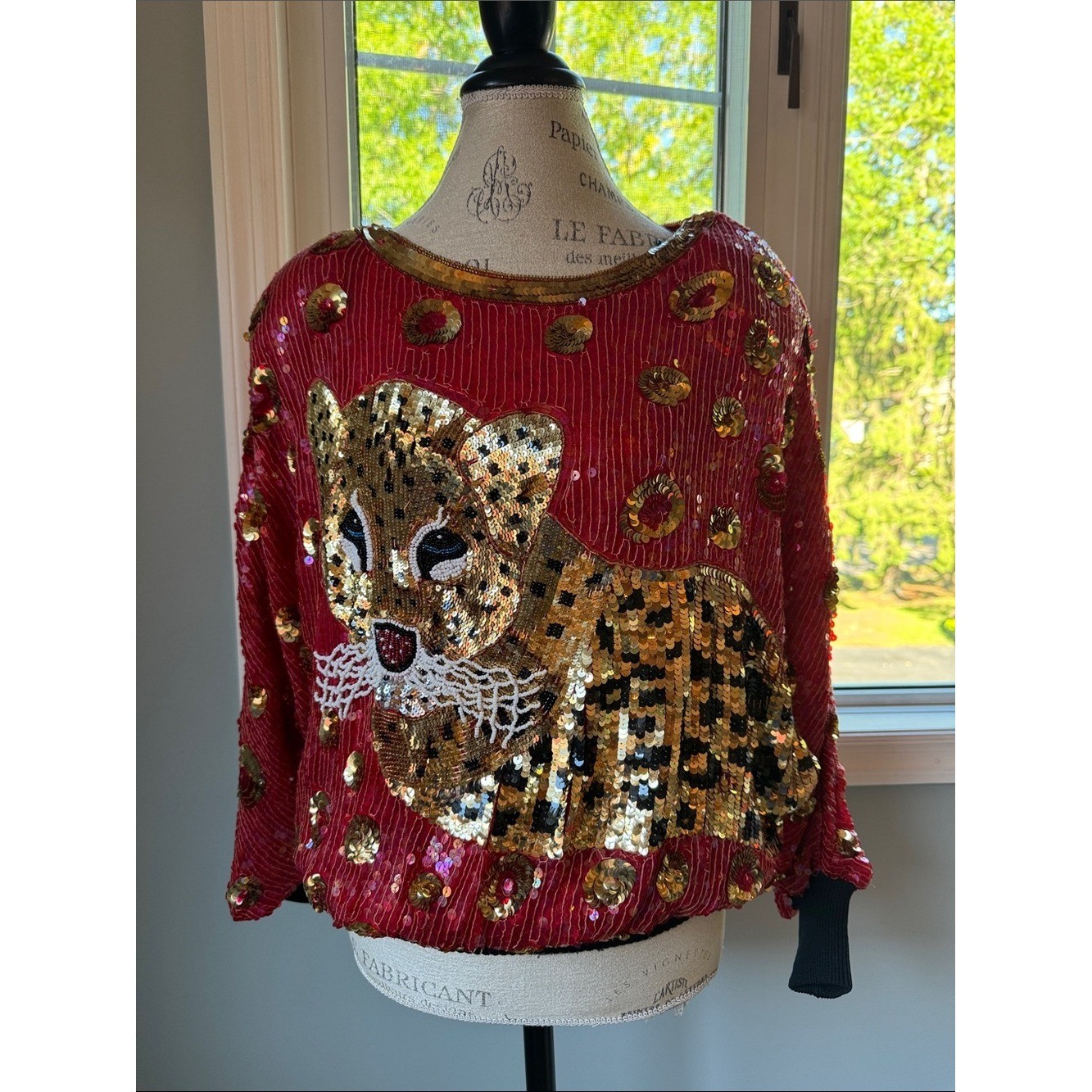 Anjumün 1980&rsquo;s vintage silk leopard sequin beaded embellished red top NWT Med