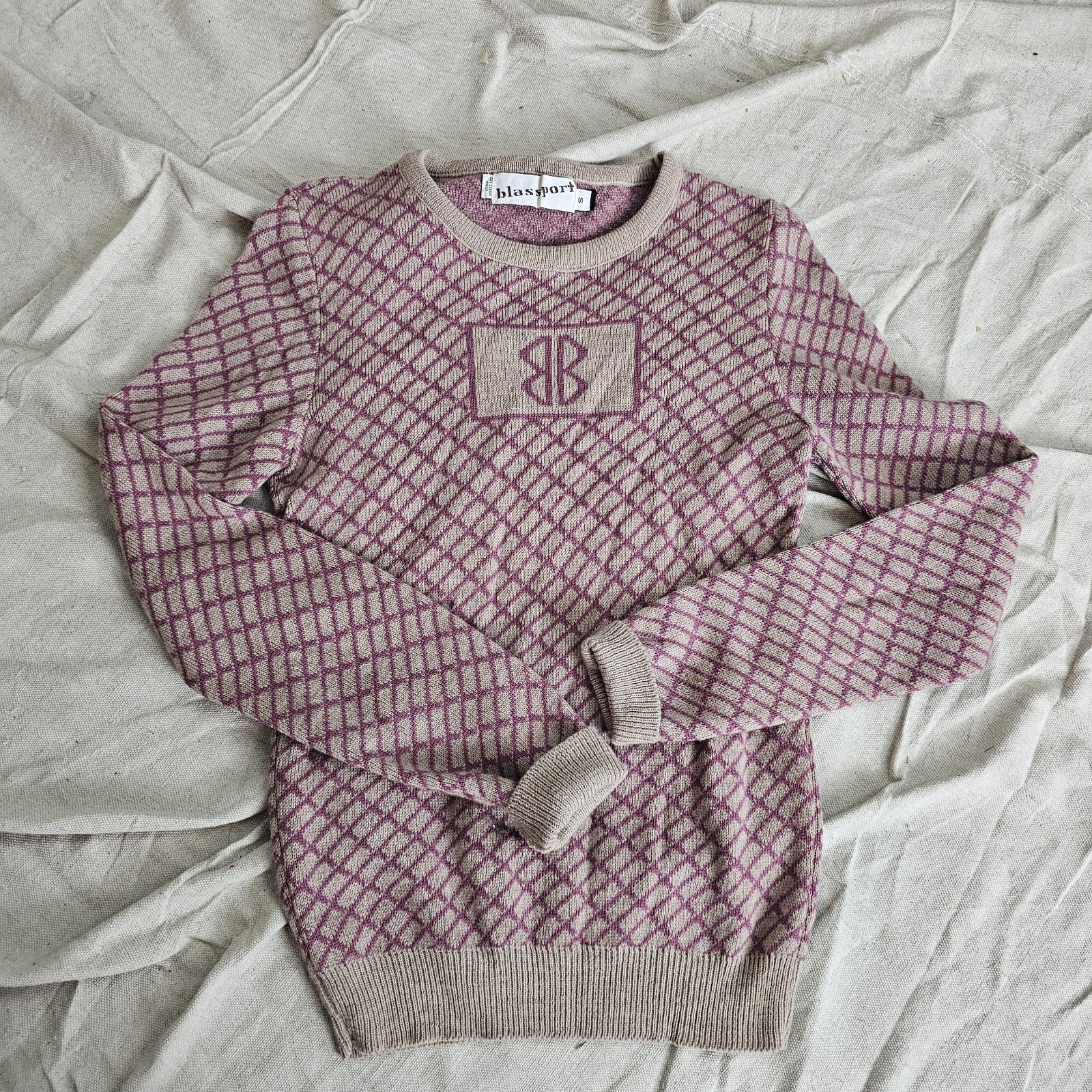 Vintage 1970s Sweater Pullover Mauve Pink Beige Diamond Pattern Double B