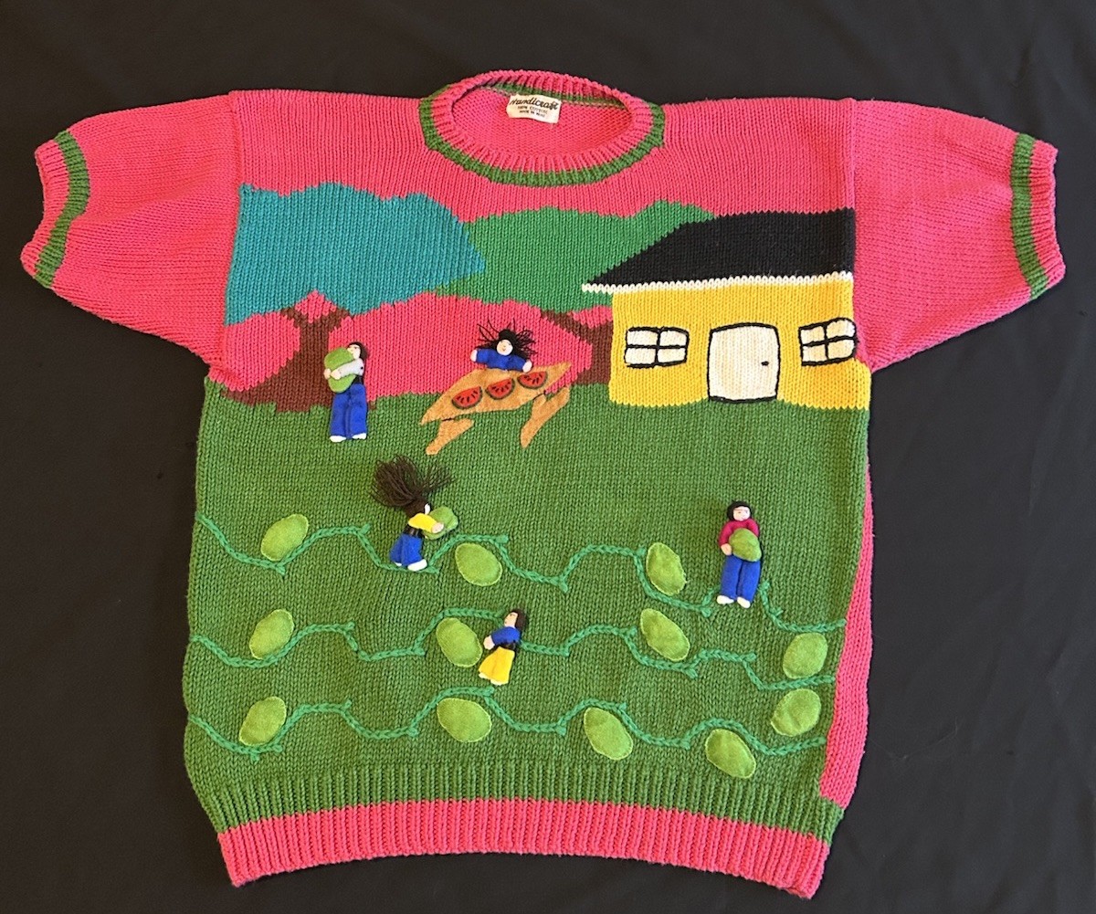 VTG 80&rsquo;s PICKING WATERMELON HANDMADE PERUVIAN EMBELLISHED NOVELTY SWEATER S-LG