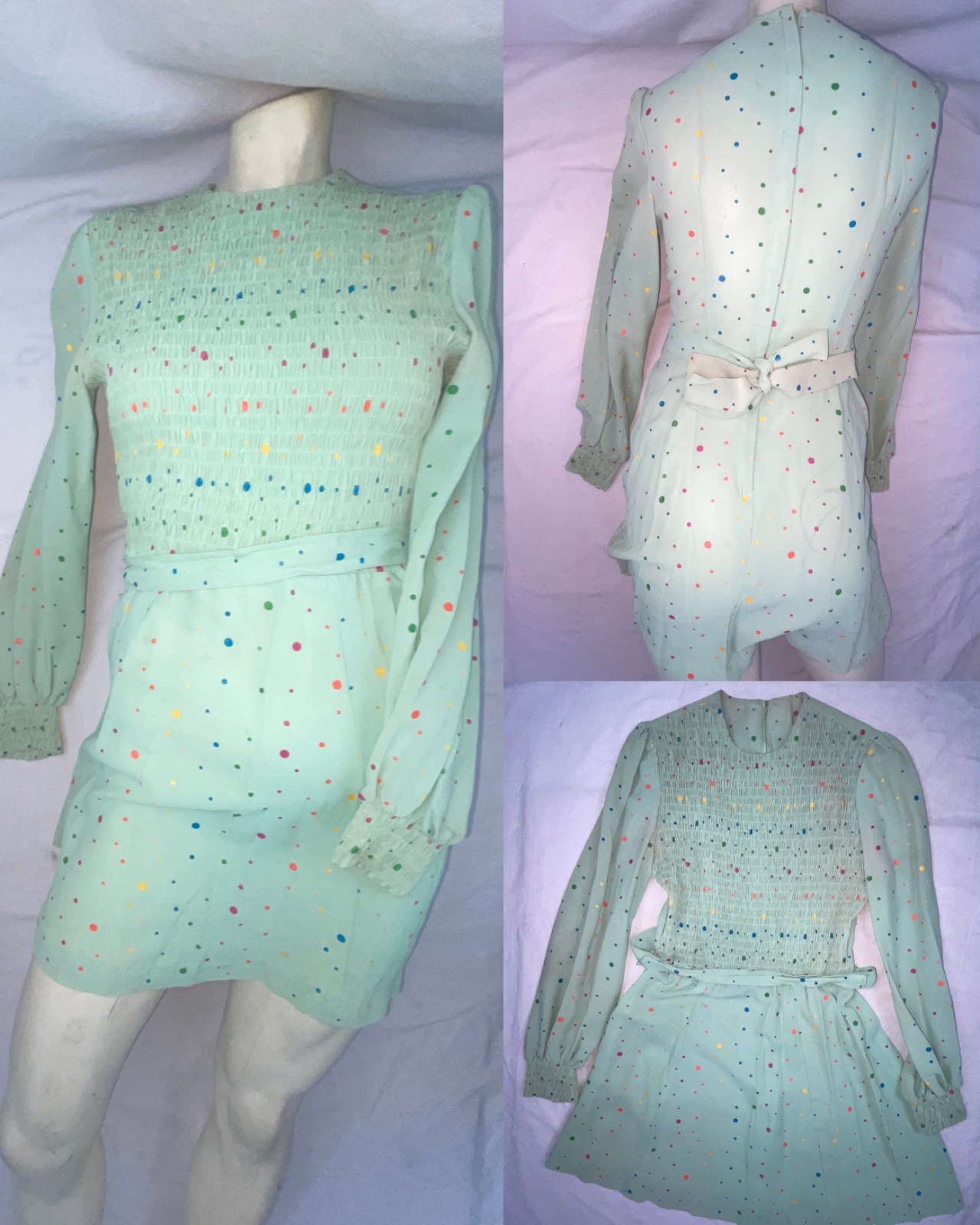 VTG 60s 70s WOMENS S GREEN POLKA DOT DISCO RETRO CUTE FUN PARTY DRESS